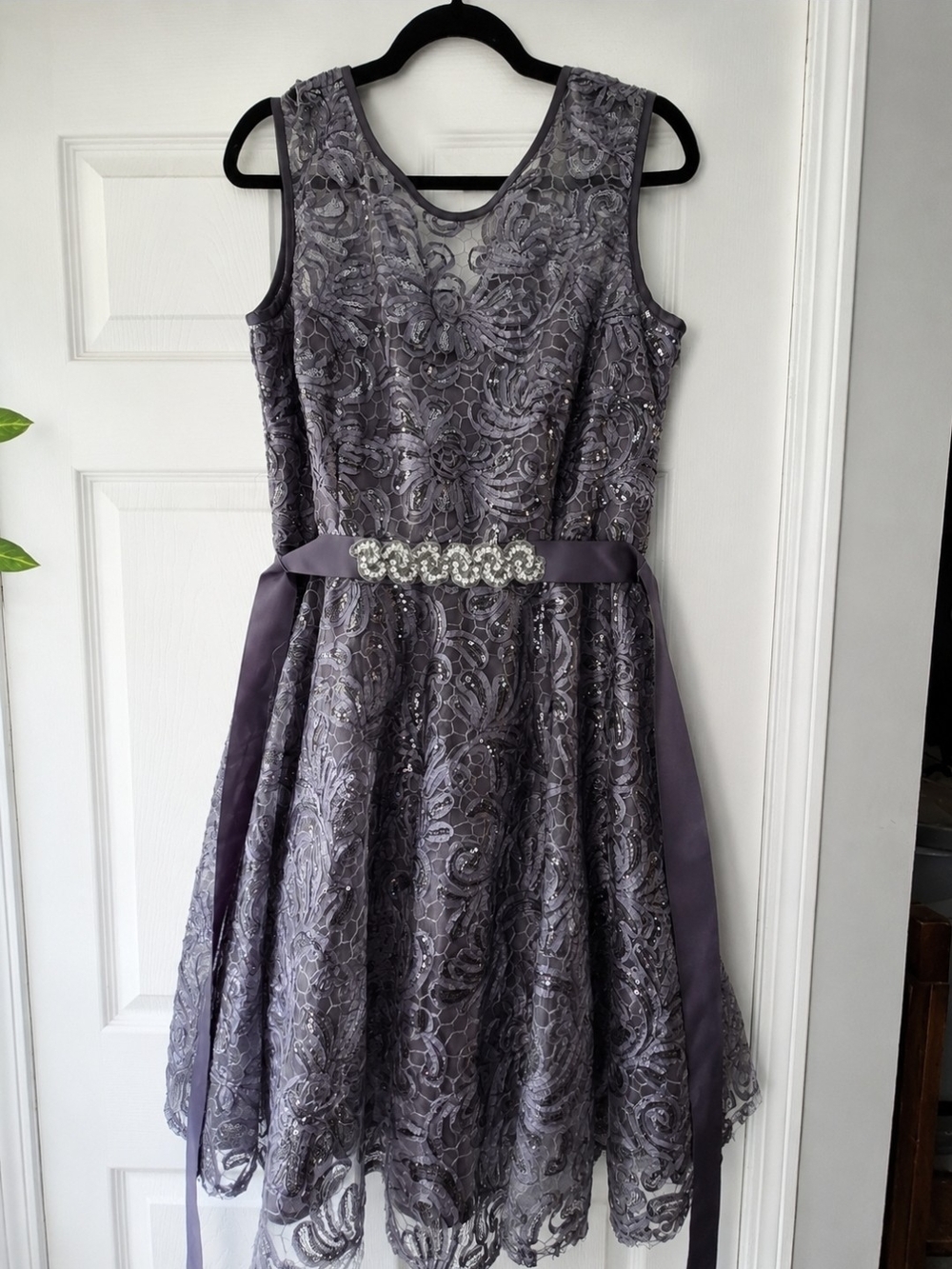 Sleeveless Lavender Lace Formal Dress with Jeweled Satin Belt